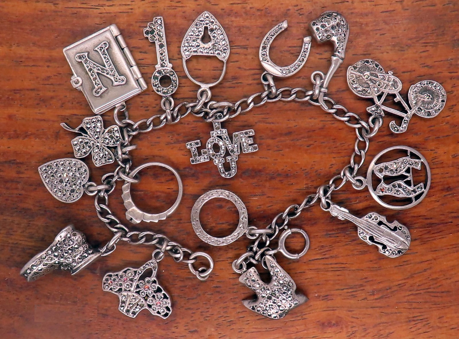 Vintage silver ART DECO 1920s PADLOCK KEY LOCKET MARCASITE HEART CHARM bracelet