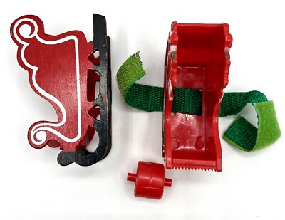 VTG Xmas Tape Dispenser W/Hands Free Wrist Strap-1980s & 4'' Wooden Santa Sleigh.