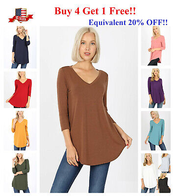 Womens 3/4 Sleeve T-Shirt V-Neck Casual Basic Tunic Top Long Loose Blouse  S-3X | eBay