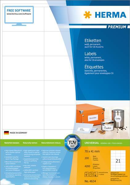 Herma 4634 Herma Etiketten Premium A4 Weiß 70X41 Mm Papier 4200 St.-image