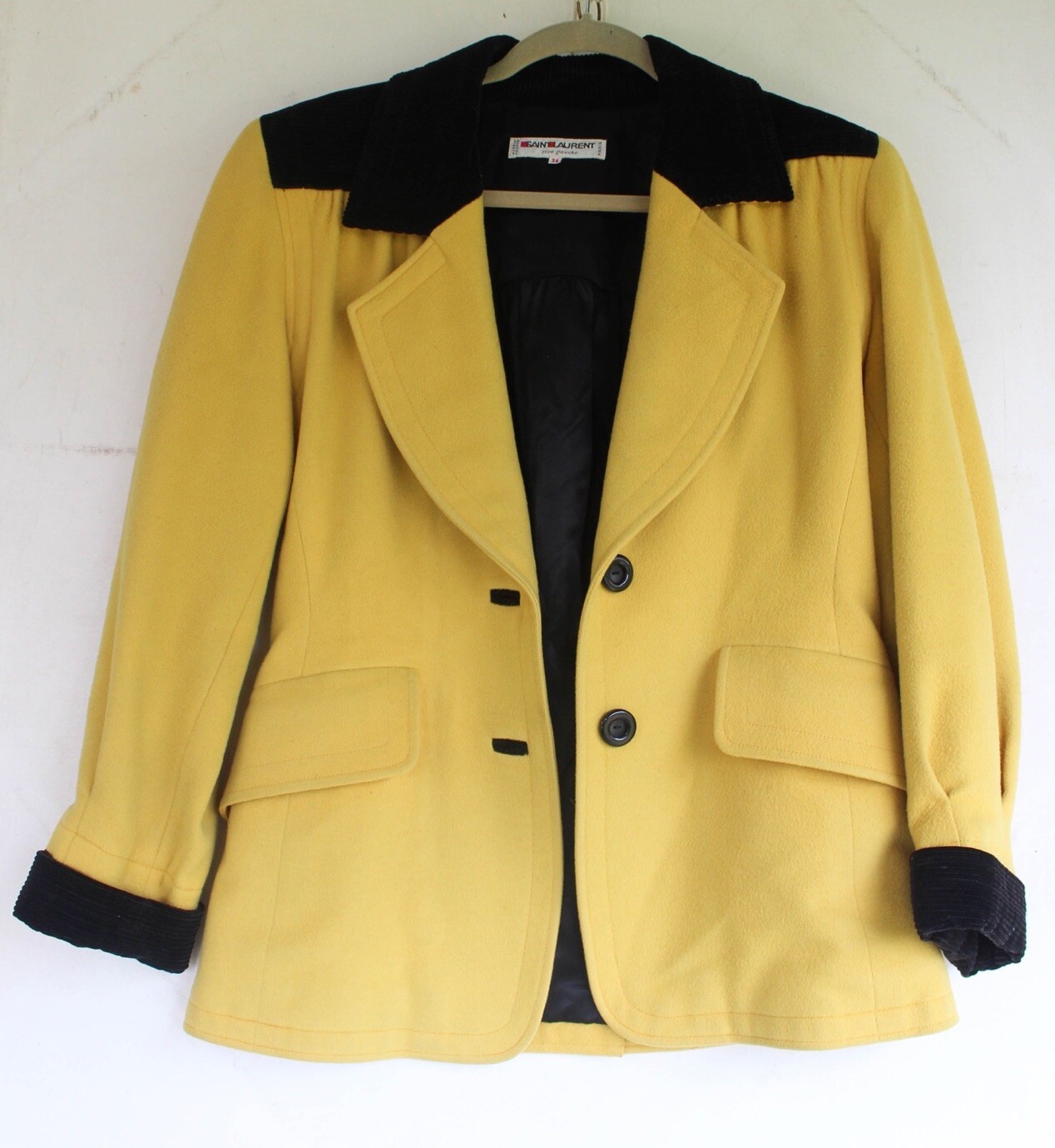 SAINT LAURENT Giacca blazer vintage YVES SAINT LAUREN giallo lana nero velluto a coste taglia 34 Francia