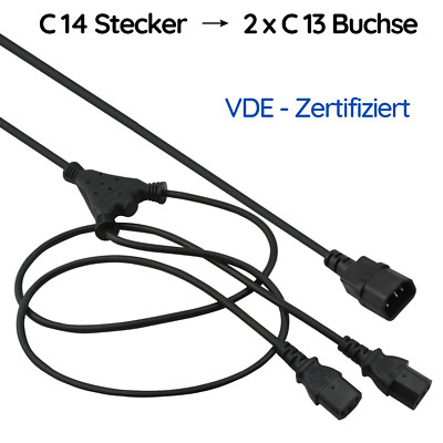 Y-Kabel Kaltgerätestecker C14 auf 2x C13 Kaltgerätebuchse VDE Schwarz 1,8m