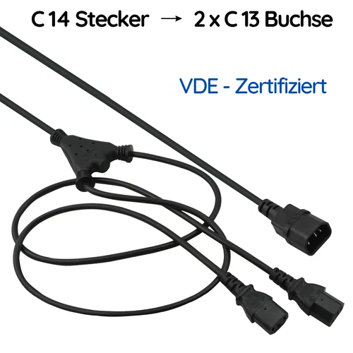 Y-cable IEC plug C14 to 2x C13 IEC socket VDE black 1.8m