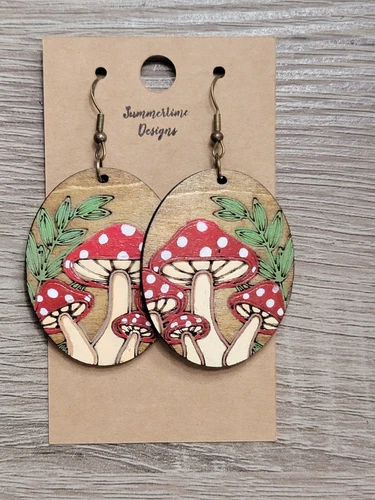 Hand Painted Laser Cut Wood Earrings Oval Etched Mushrooms 2.5"
