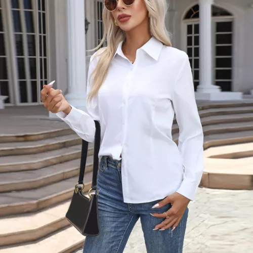 Damen Button Down Shirt Top Bluse Langarm Kragen Einfarbig Büro Arbeit Kleid - Bild 20 von 29