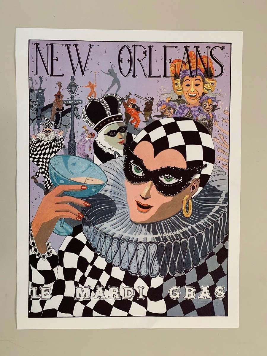 LE MARDI GRAS BY GEORGE LUTTRELL,NEW ORLEANS, RARE SIGNED 1993 ART