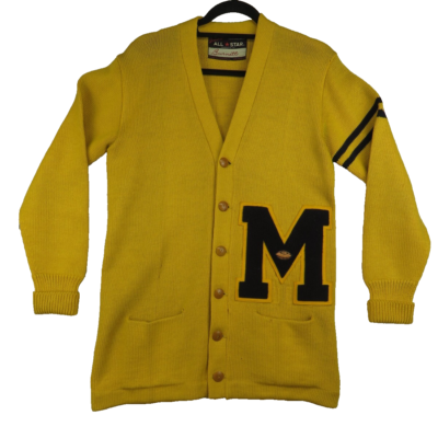 VTG 50s Yellow Michigan Wool Letterman Cardigan Sweater Jones Knit