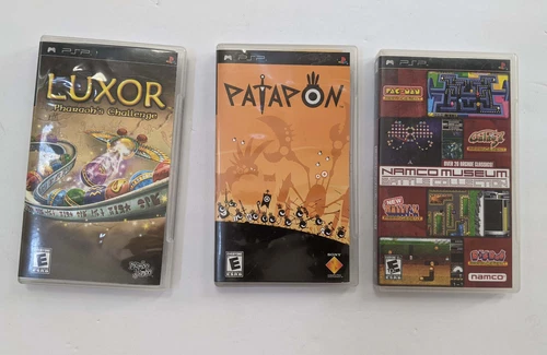 Sony PSP 3 Game lot Patapon Luxor Pacman Galaga Namco Museum Battle Collection
