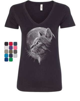 A Cat at Night Women's V-Neck T-Shirt Space Cat Lovers Moon Kitty Meow Purr