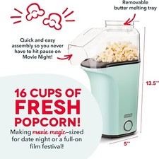 DASH Hot Air Popcorn Popper Maker Kernels  Melt Butter, 16 Cups - Aqua