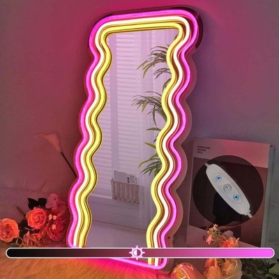 Wavy Mirror Neon Signs for Wall Decor, Wall Mounted Irregular Decorative Mirr...