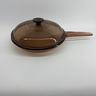 VTG Corning Vision Ware 10'' Frying Pan waffle Bottom W/ PYREX Lid, Skillet Amber