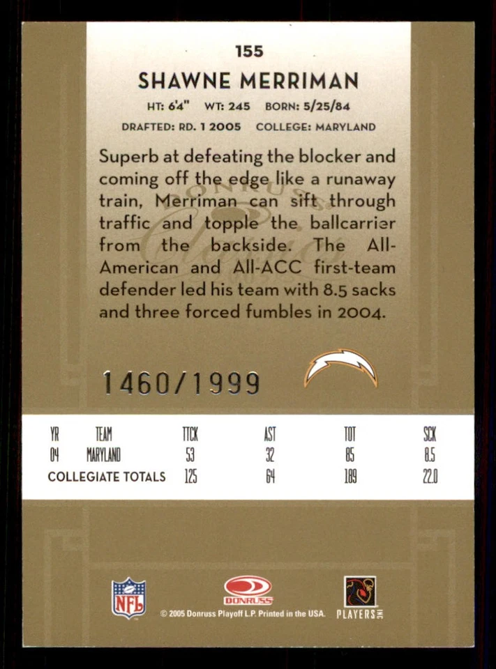 2005 Donruss Classics #155 Shawne Merriman RC /1999 - Image 2 of 2
