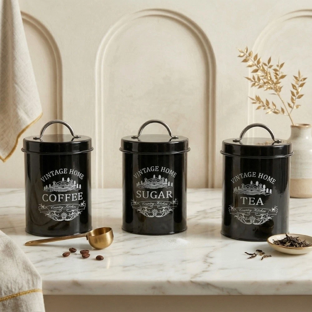 Tea Coffee Sugar Canister Set 3pc Black Metal Kitchen Storage Jars 1L