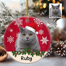 Grey Cat Photo Ornament   Personalized Xmas Tree Decoration
