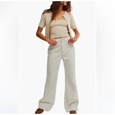 Free People We the Free Cerine High Rise Bootcut Wide Leg Jeans Ecru Cream 28