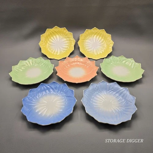 VTG Set of 7 Anchor Hocking Multicolor Milk Glass Lotus Flower Salad Plate 8"