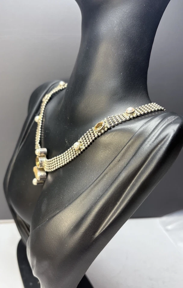 Ожерелье из чистого серебра с сеткой и цитрином и жемчугом 16 дюймов - Изображение 4 из 4