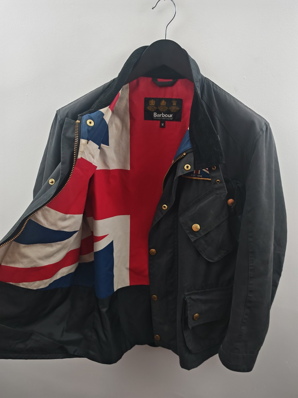 Barbour International Union Jack Waxed Jacket Black Mens Size Medium Biker image 5