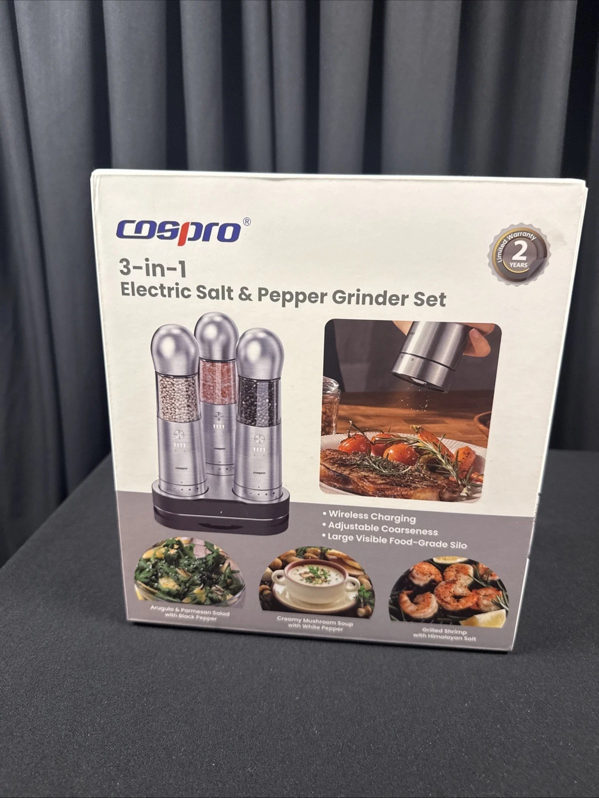 COSPRO Electric Salt and Pepper Grinder Set of 3 with Wireless Charging Base