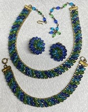 Hobe Green/Blue Glass Beaded Set Necklace/ bracelet/earrings Signed See Desc