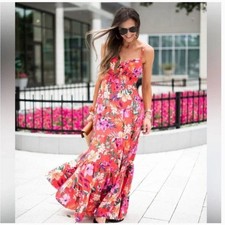 Eliza J Scarlet Smocked Tiered Hawaiian Print Maxi Dress Size 8 boho tropical