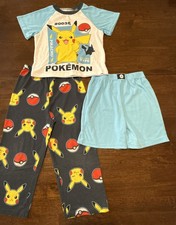 Boys Pok mon 3 Piece Pajama Set Shirt Shorts Pants White/Black-Sky Blue 4T