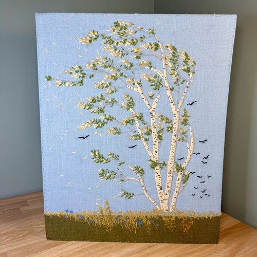 VTG Birch In The Wind Crewel Embroidery Paragon Handmade MCM Unframed 20”x16”