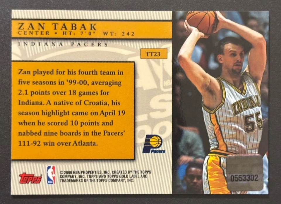 2000-01 TOPPS GOLD LABEL #TT23 ZAN TABAK NBA FINALS GAME WORN JERSEY PACERS SP - Image 2 of 2