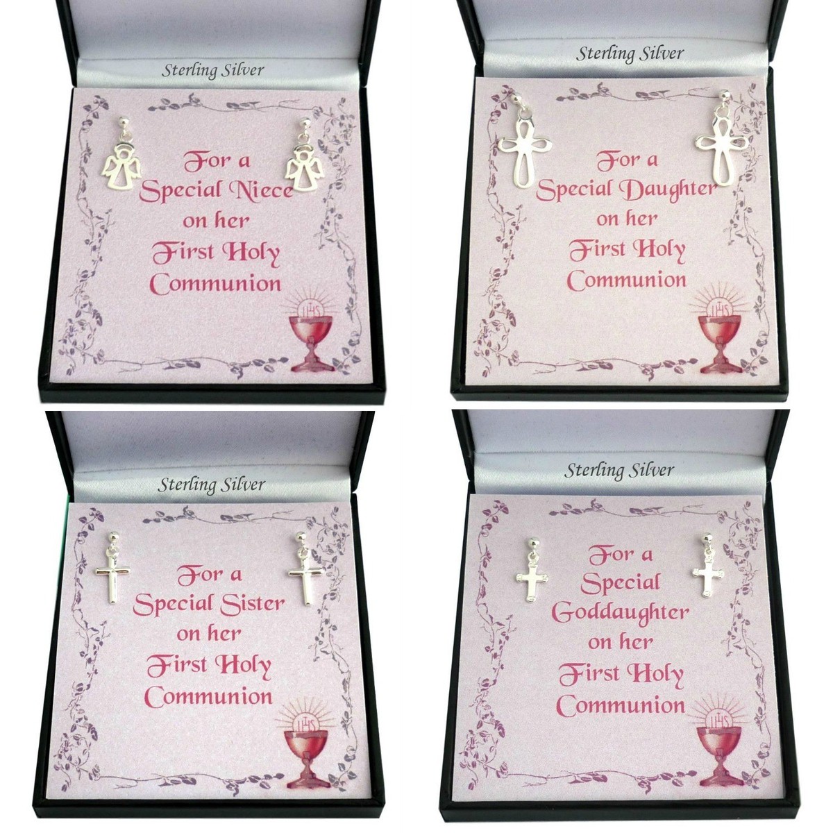 Pendientes de Plata Ley para Primera Sagrada Comunión, Cruces O Ángeles En Caja