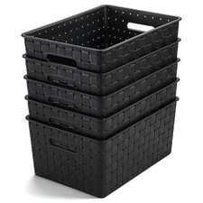 5 Pack Woven Plastic Storage Baskets - Small Rectangular Organizers for Home O