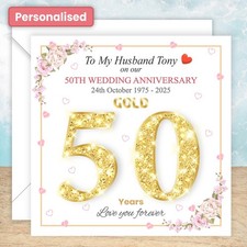 Personalised 50th Gold Wedding Anniversary Card Husband Wife Couple Rose Flowers