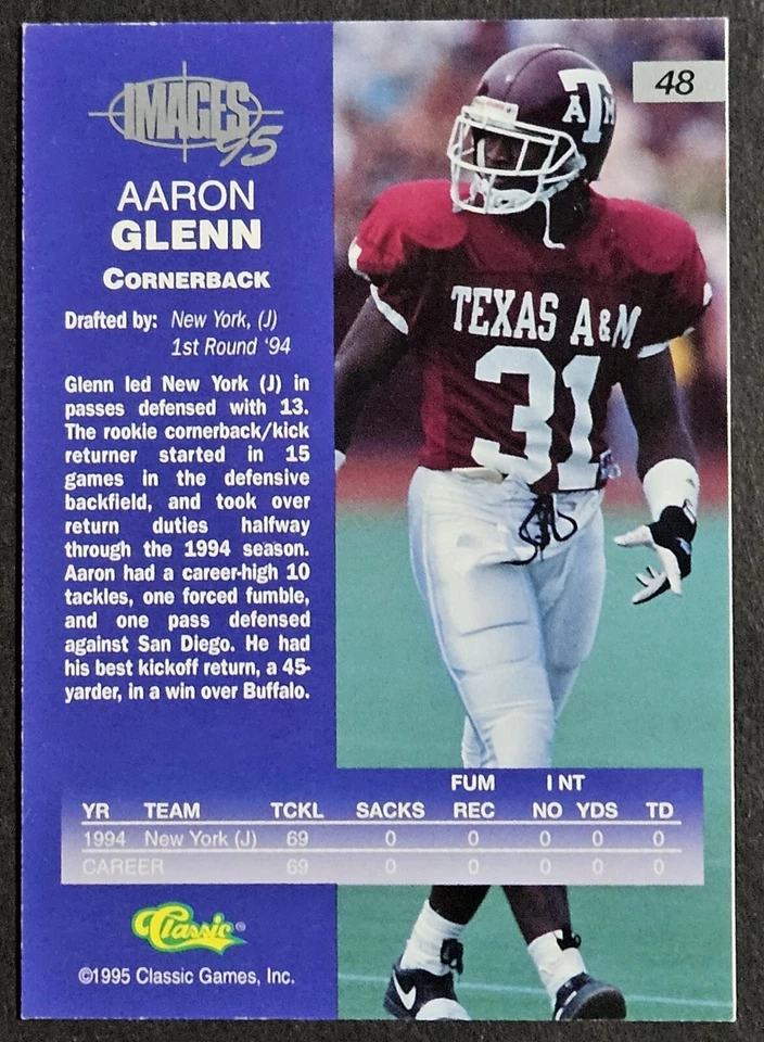 1995 Classic Images #48 Aaron Glenn Texas A&M Aggies New York Jets - Image 2 of 2