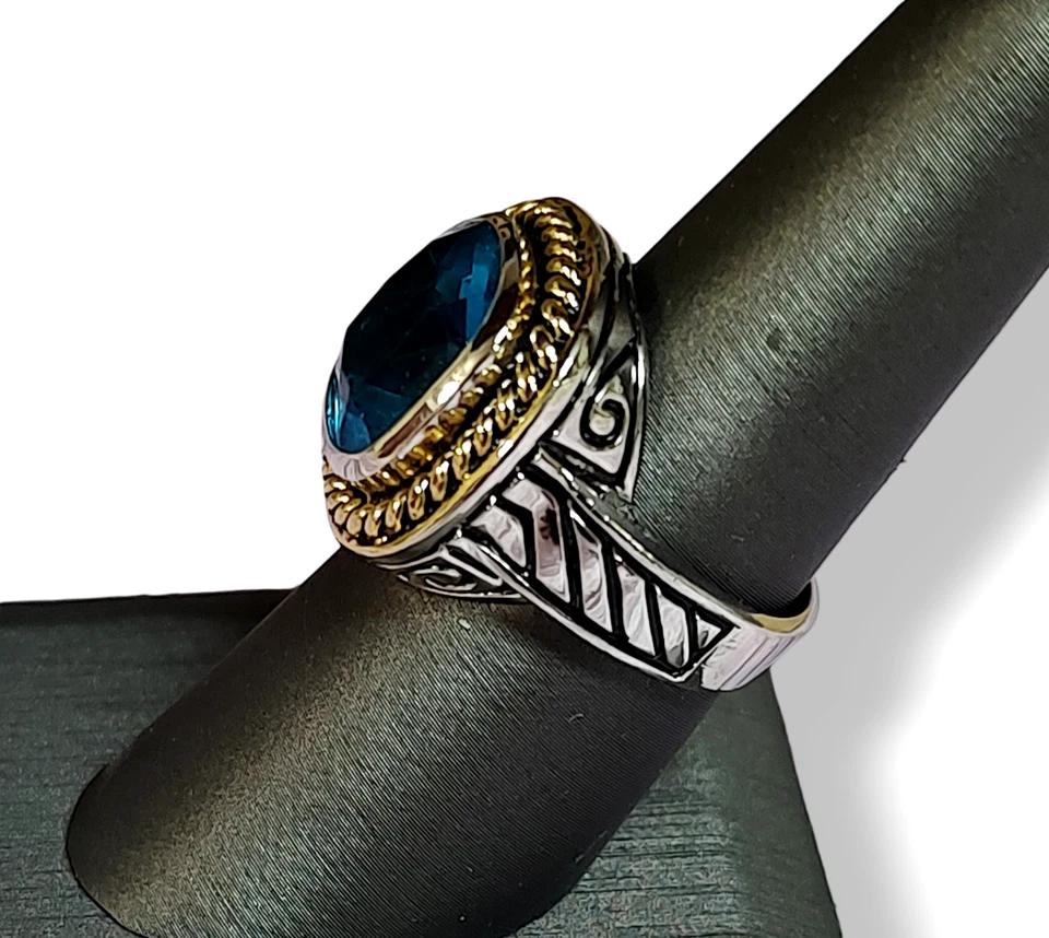 Anillo de sello azul tono oro y plata de acero inoxidable para hombre talla 7,75 Foto 3 de 4
