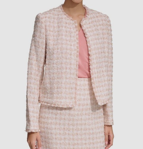 Calvin Klein Women's Pink Tweed Fringe-Trim Open-Front Jacket Petite Size 4P