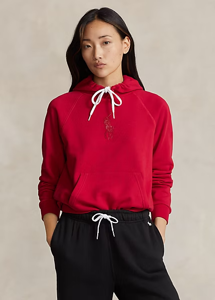 Polo Ralph Lauren donna TG XS Big Pony felpa con cappuccio rosso vestibilità ridotta $198