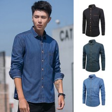 Mens Long Sleeve Denim Shirt Slim Fit Casual Classic Retro Wash Jean Blouse Tops
