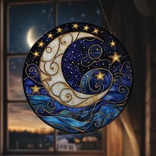 Stained Glass Crescent Moon Suncatcher Starry Night Window Hanging Home Decor