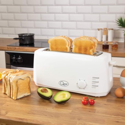 Quest Slice Toaster White Extra Wide Long Slots for Crumpets and Bagels  6settg UK