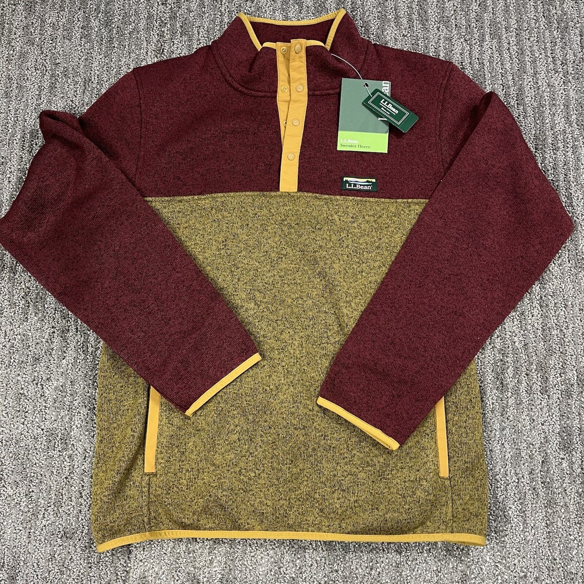 LL Bean Men M Sweater Fleece Pullover Colorblock Burgundy Fatigue Green