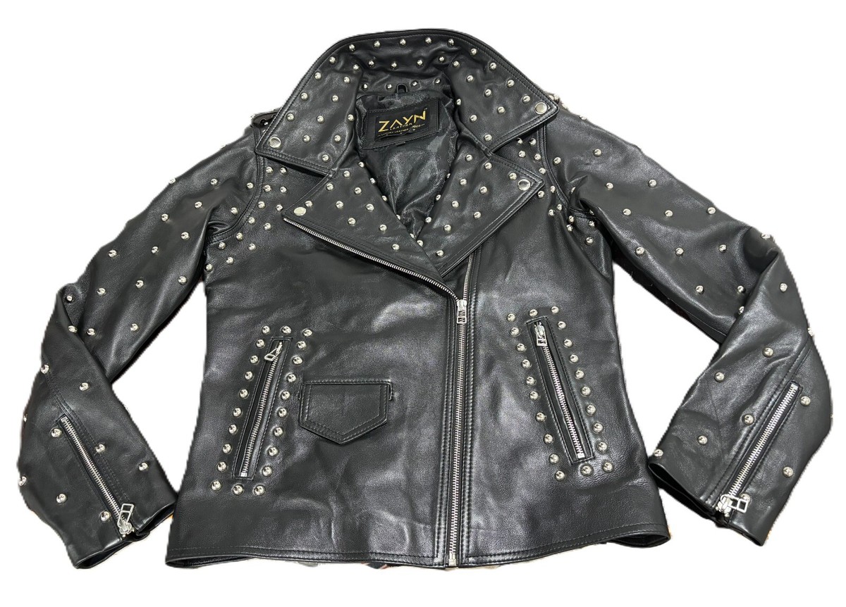 Women's Studded Leather Jacket Black Motorcycle Biker Real