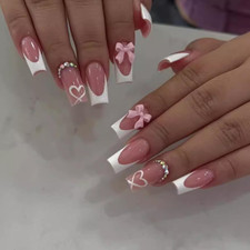 Uñas postizas de color rosa con forma de ataúd, uñas francesas blancas