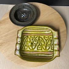 Lot Of 2 MCM Ceramic Ashtrays Art Pottery Square And Round • Great patterns!