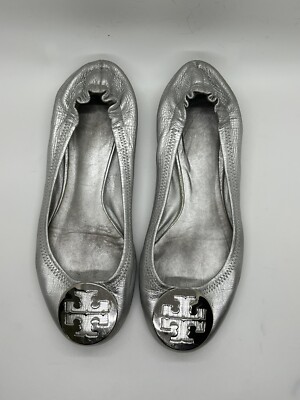 TORY BURCH Reva Ballet Flat Womens 6 Metallic Silver Leather Slip