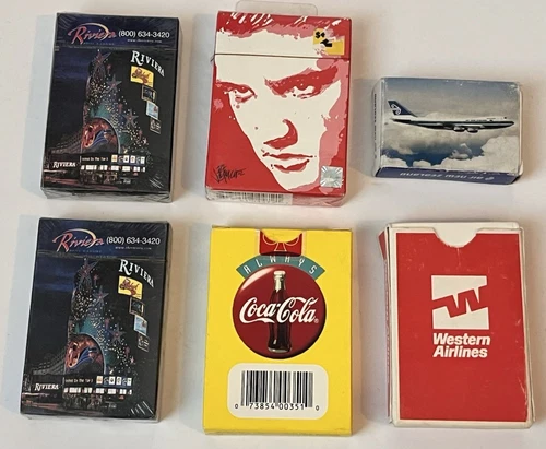 Lot Of 6 Vintage Playing Cards Deck Riviera Casino, Elvis, Coke, Airlines