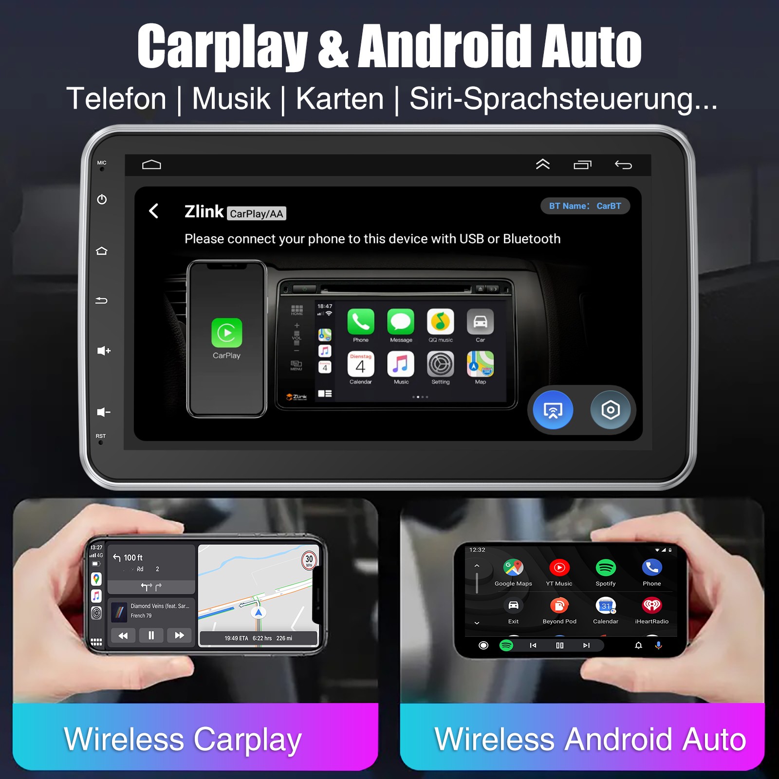 Autoradio 4+64G Android 14 Carplay GPS NAVI FM SWC 1 DIN 360° schermo girevole foto 5