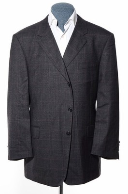 48R Classic-Fit 3-Button Dark-Gray Overcheck Plaid Super-120s Wool Sport Coat