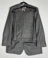 Jos A Bank Suit 46L 36x29 Gray Plaid Wool 2 Piece Jacket Pants Pleated Cuffed