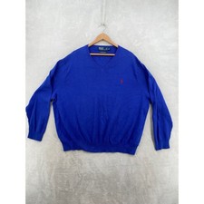 Polo Ralph Lauren V-Neck Sweater Mens 3XB Royal Blue Pima Cotton Red Pony Logo