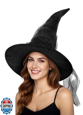 JEGERMIG Women's Black Masquerade Ruched Witch Hat Oversized Witches Velvet H